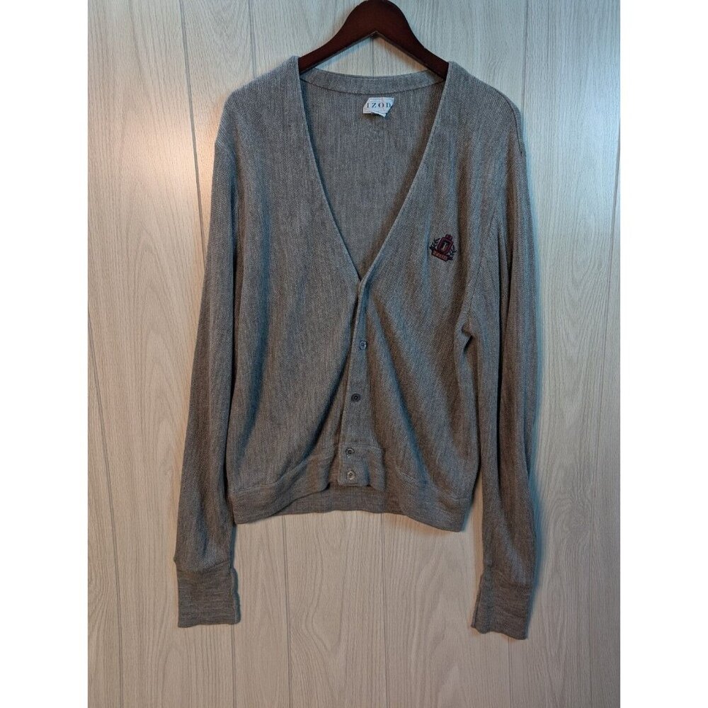 IZOD Vintage Cardigan Sweater Gray V-Neck Logo Button Acrylic Made In USA Size L